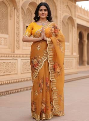 Yellow organza printed saree with floral print 2