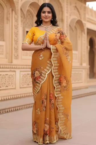 Yellow organza printed saree with floral print