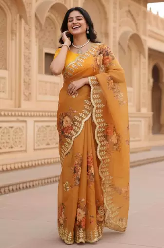 Yellow organza printed saree with floral print
