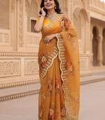 Yellow organza printed saree with floral print