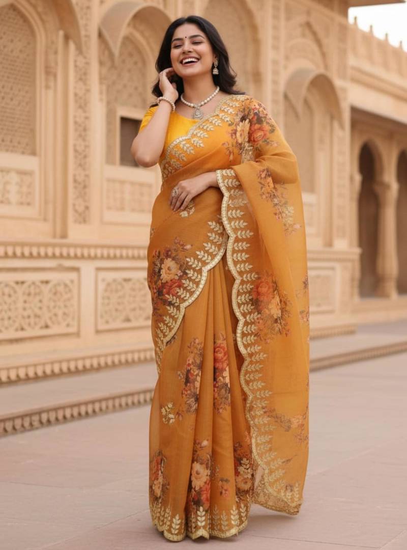 Yellow organza printed saree with floral print