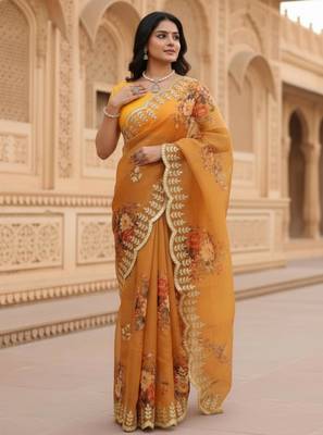 Yellow organza printed saree with floral print 3