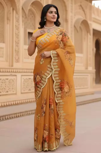 Yellow organza printed saree with floral print