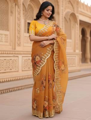 Yellow organza printed saree with floral print 4