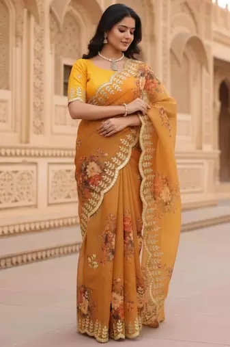 Yellow organza printed saree with floral print