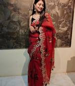 Red organza printed saree with floral print