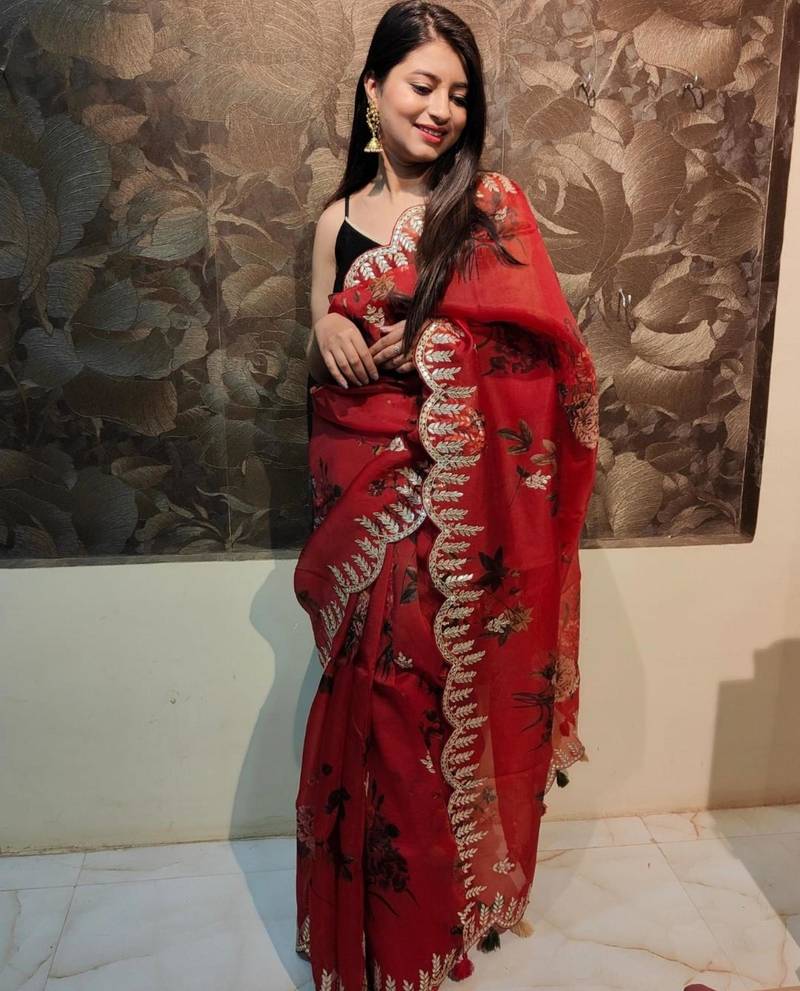 Red organza printed saree with floral print