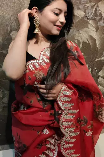 Red organza printed saree with floral print
