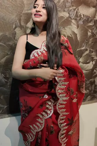 Red organza printed saree with floral print