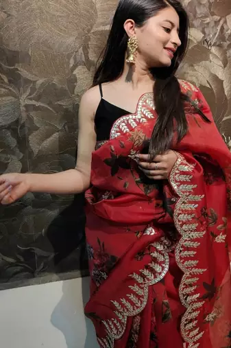 Red organza printed saree with floral print