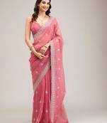 Baby pink chiffon embroidered saree with thread work