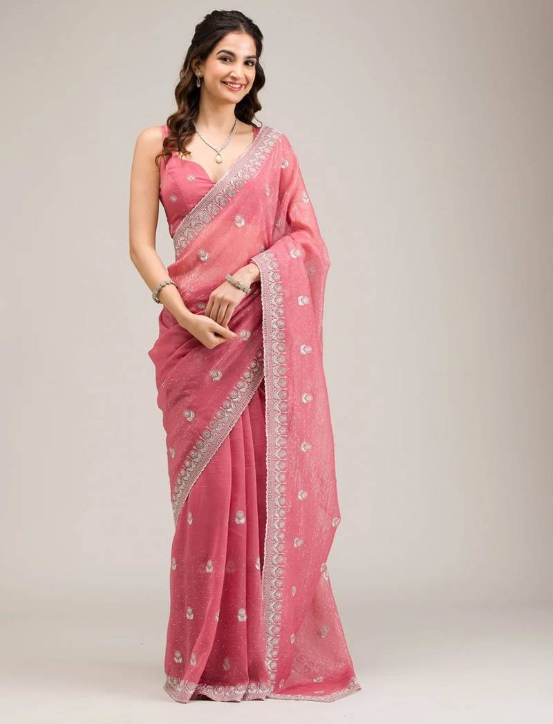Baby pink chiffon embroidered saree with thread work