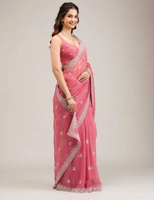 Baby pink chiffon embroidered saree with thread work 2