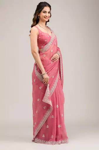 Baby pink chiffon embroidered saree with thread work