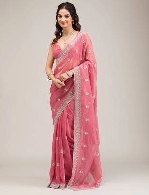 Baby pink chiffon embroidered saree with thread work 3