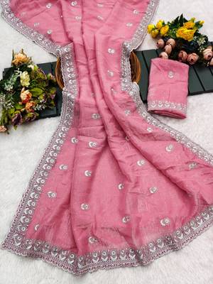 Baby pink chiffon embroidered saree with thread work 4