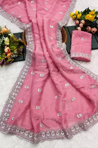 Baby pink chiffon embroidered saree with thread work