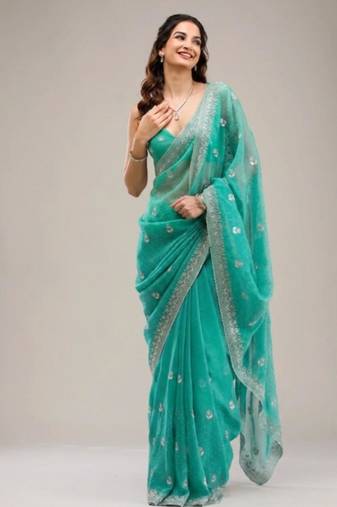 Dark sea green chiffon embroidered saree with thread work