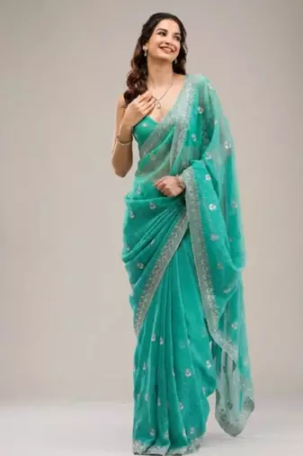 Dark sea green chiffon embroidered saree with thread work