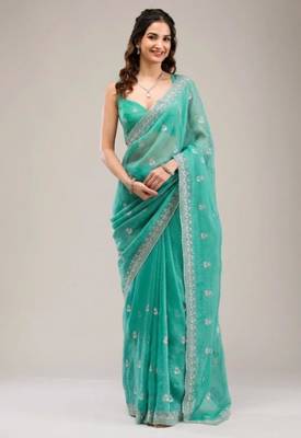 Dark sea green chiffon embroidered saree with thread work 2
