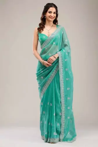 Dark sea green chiffon embroidered saree with thread work