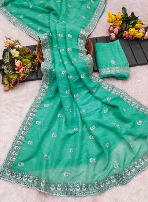 Dark sea green chiffon embroidered saree with thread work 3