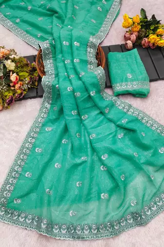 Dark sea green chiffon embroidered saree with thread work