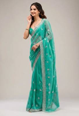 Dark sea green chiffon embroidered saree with thread work 4
