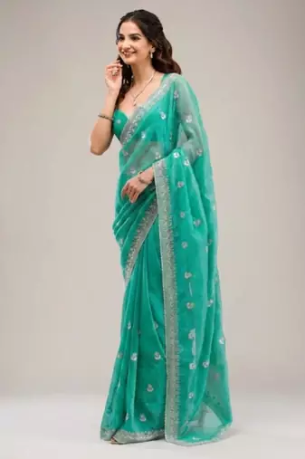 Dark sea green chiffon embroidered saree with thread work