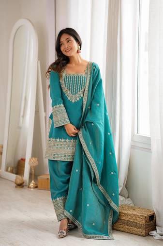 teal embroidered kurta with patiala pant & dupatta