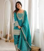 teal embroidered kurta with patiala pant & dupatta