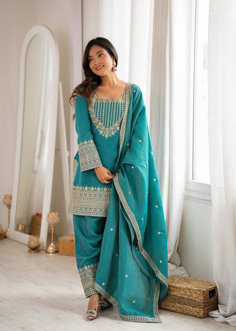 teal embroidered kurta with patiala pant & dupatta