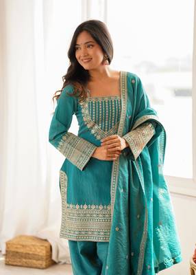 teal embroidered kurta with patiala pant & dupatta 3