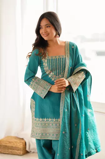teal embroidered kurta with patiala pant & dupatta