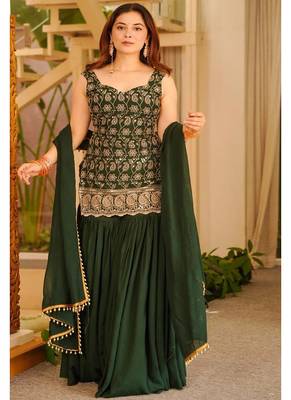 Green embroidered georgette sharara suit set with dupatta 1