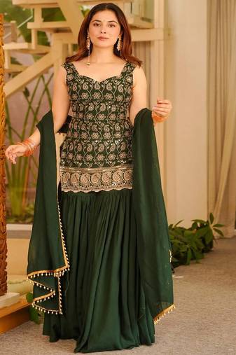 Green embroidered georgette sharara suit set with dupatta