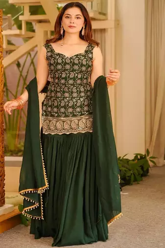 Green embroidered georgette sharara suit set with dupatta