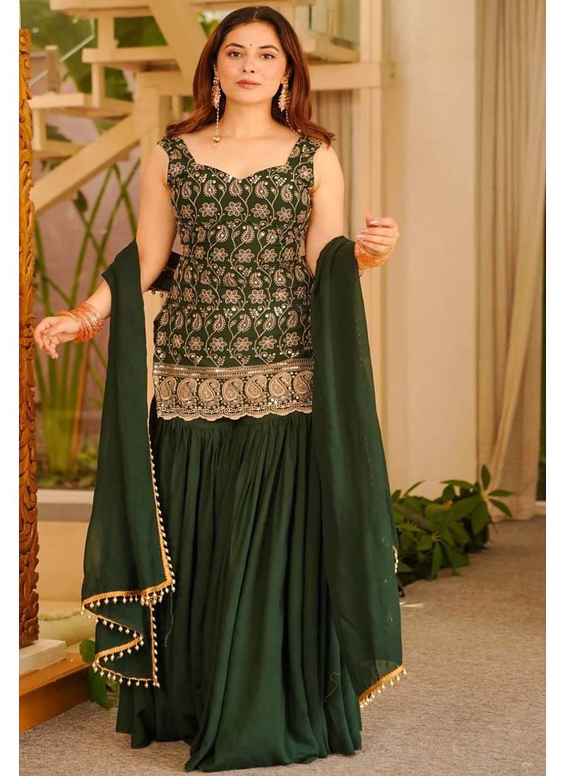 Green embroidered georgette sharara suit set with dupatta