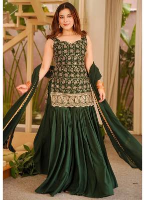 Green embroidered georgette sharara suit set with dupatta 2