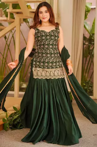Green embroidered georgette sharara suit set with dupatta