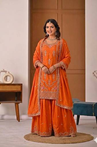 Orange silk blend embroidered sharara suit set with dupatta
