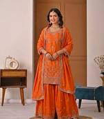 Orange silk blend embroidered sharara suit set with dupatta