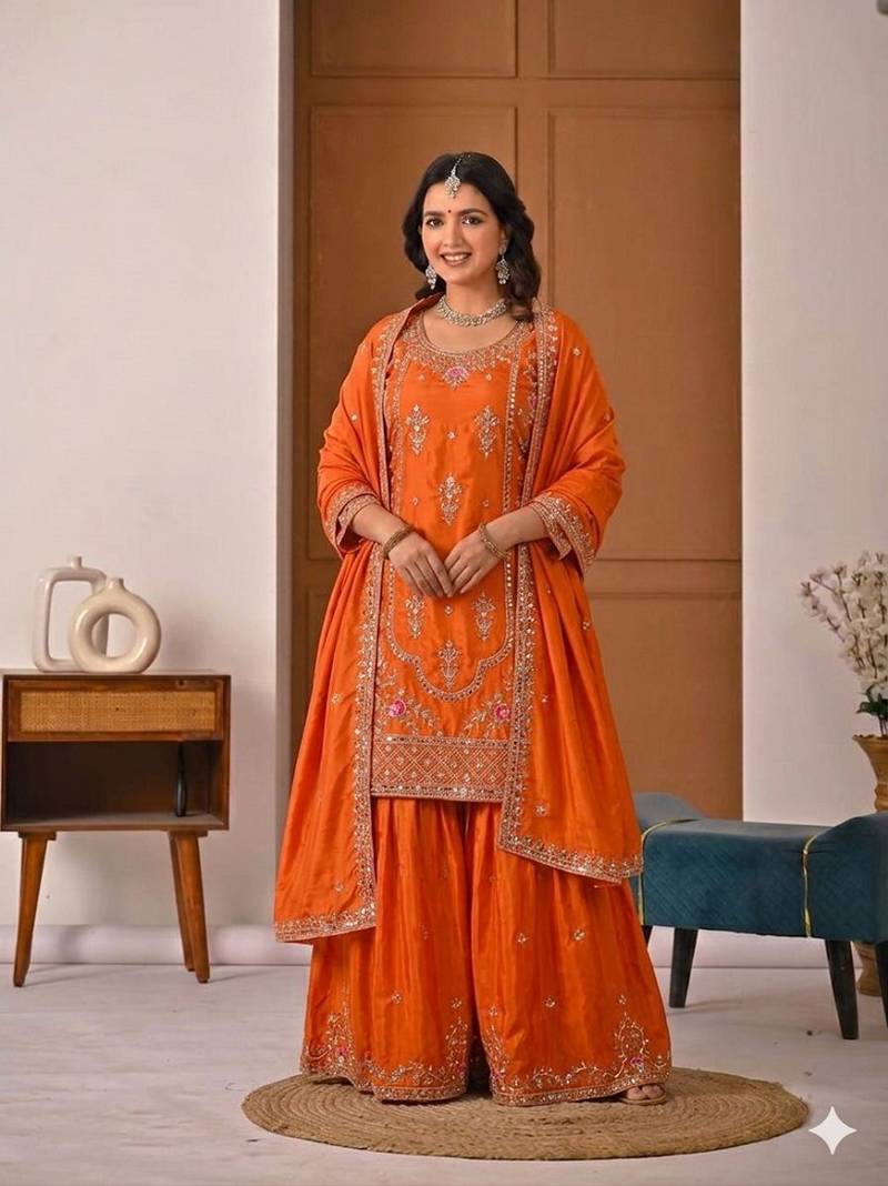 Orange silk blend embroidered sharara suit set with dupatta
