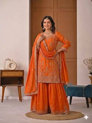 Orange silk blend embroidered sharara suit set with dupatta 2