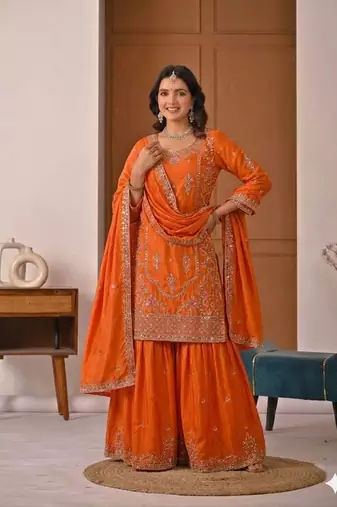 Orange silk blend embroidered sharara suit set with dupatta