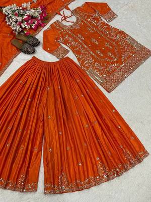 Orange silk blend embroidered sharara suit set with dupatta 4