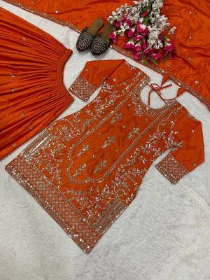 Orange silk blend embroidered sharara suit set with dupatta 5