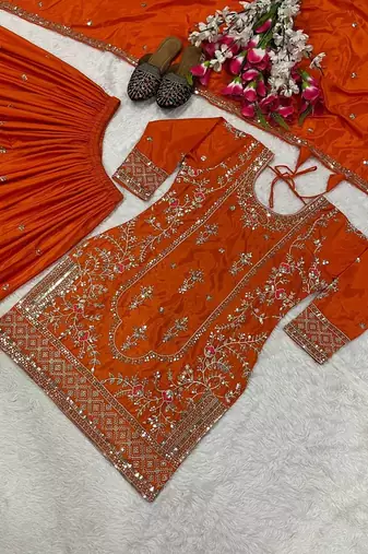 Orange silk blend embroidered sharara suit set with dupatta