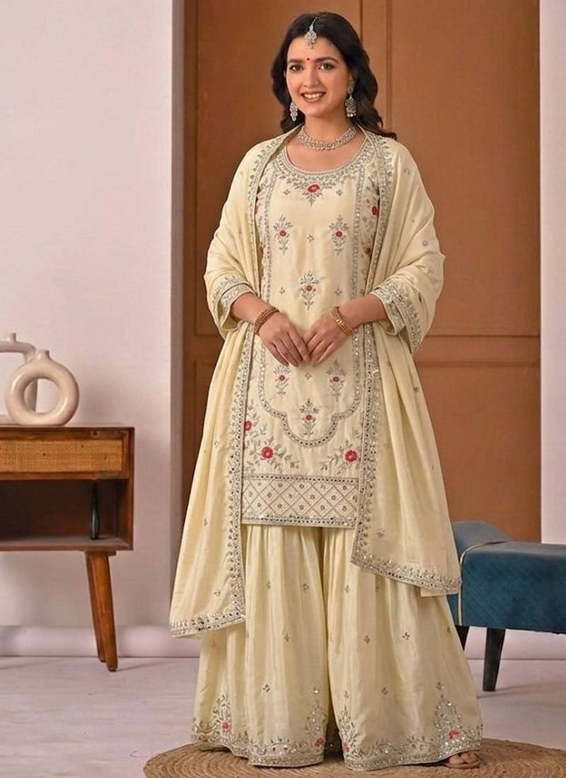 Beige silk blend embroidered sharara suit set with dupatta