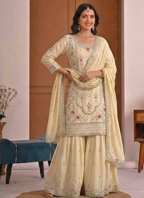Beige silk blend embroidered sharara suit set with dupatta 2